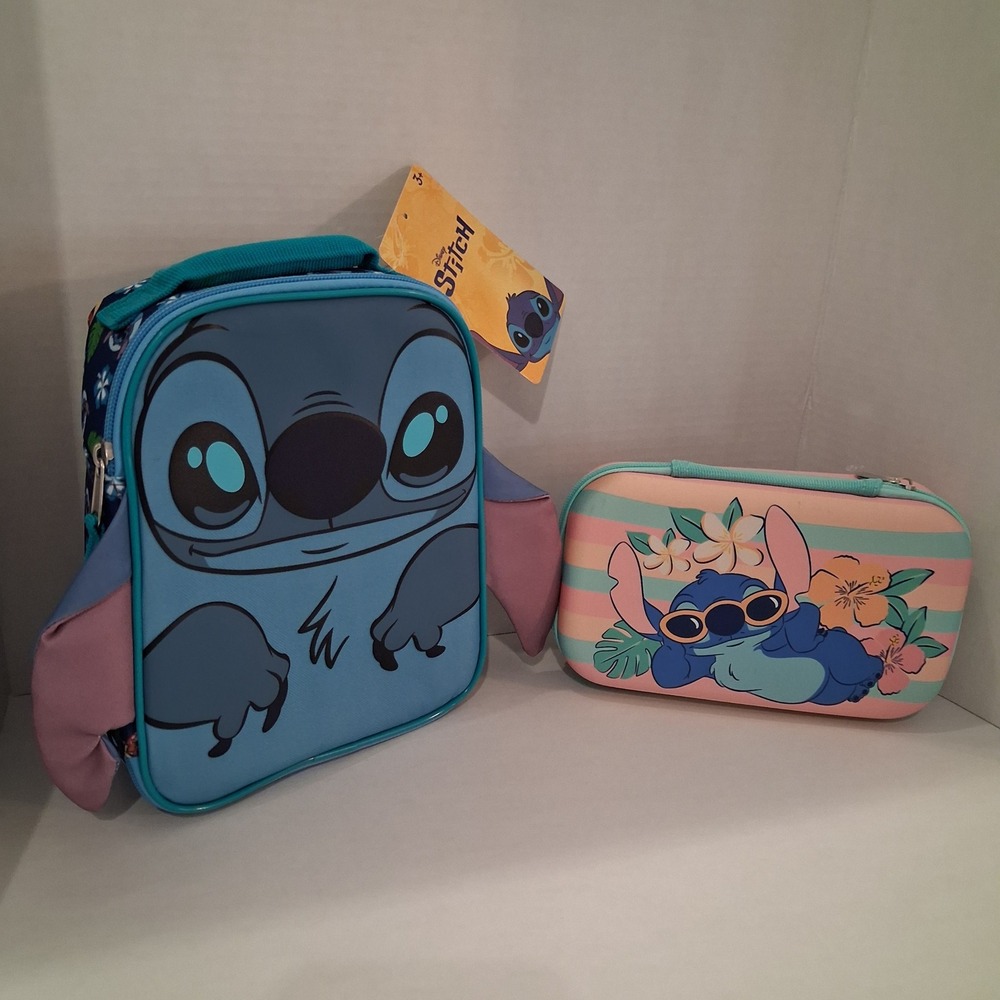 NWT Disney Bioworld Stitch Lunch Bag & Blue Lilo & Stitch Molded Pencil Case Lot